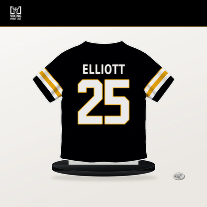DeShon Elliott number 25 Pittsburgh Steelers jersey stand with included black base.