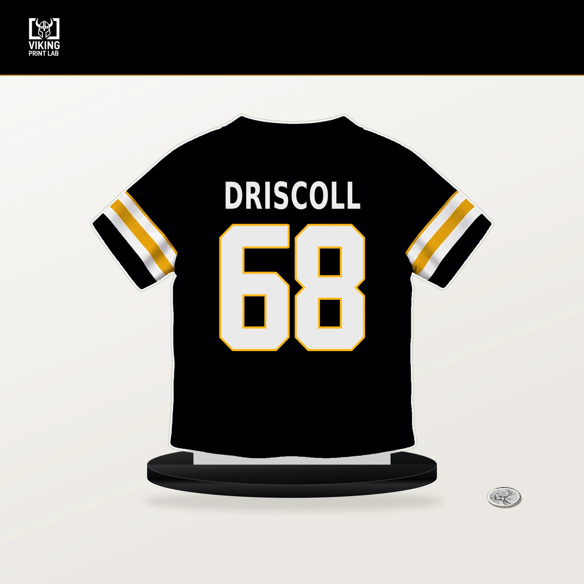 Jack Driscoll number 68 Pittsburgh Steelers jersey stand with included black base.