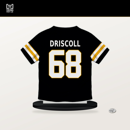 Jack Driscoll number 68 Pittsburgh Steelers jersey stand with included black base.