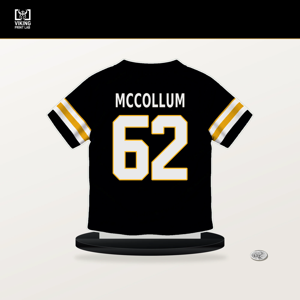 Ryan McCollum number 62 Pittsburgh Steelers jersey stand with included black base.