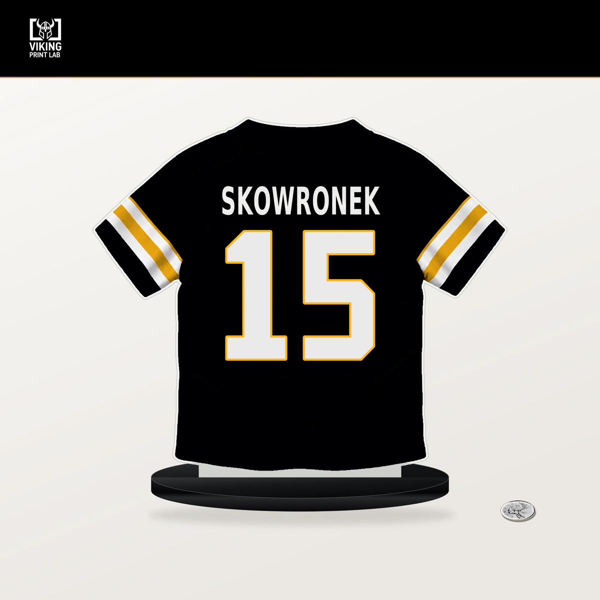 Ben Skowronek number 15 Pittsburgh Steelers jersey stand with included black base.