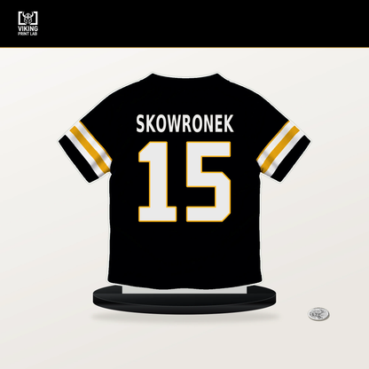 Ben Skowronek number 15 Pittsburgh Steelers jersey stand with included black base.