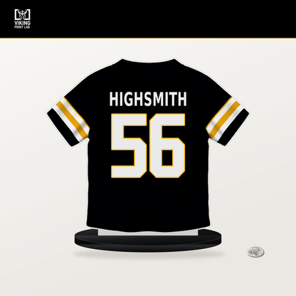 Alex Highsmith number 56 Pittsburgh Steelers jersey stand with included black base.