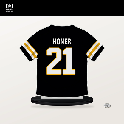Travis Homer number 21 Pittsburgh Steelers jersey stand with included black base.