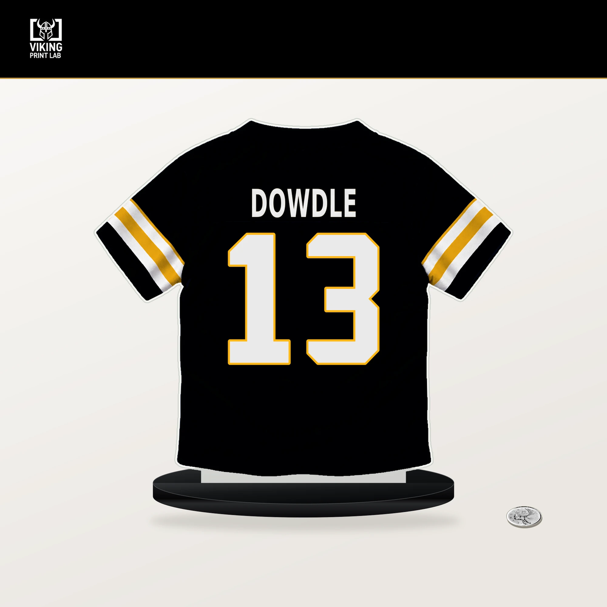 Rico Dowdle number 13 Pittsburgh Steelers jersey stand with included black base.