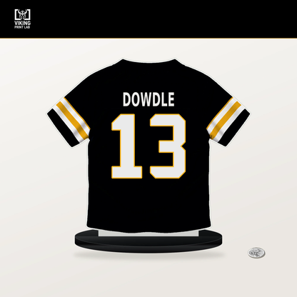 Rico Dowdle number 13 Pittsburgh Steelers jersey stand with included black base.