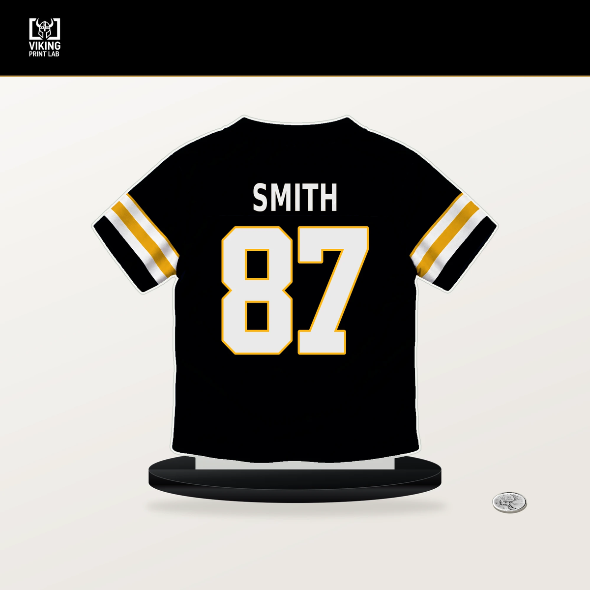 Brandon Smith number 87 Pittsburgh Steelers jersey stand with included black base.