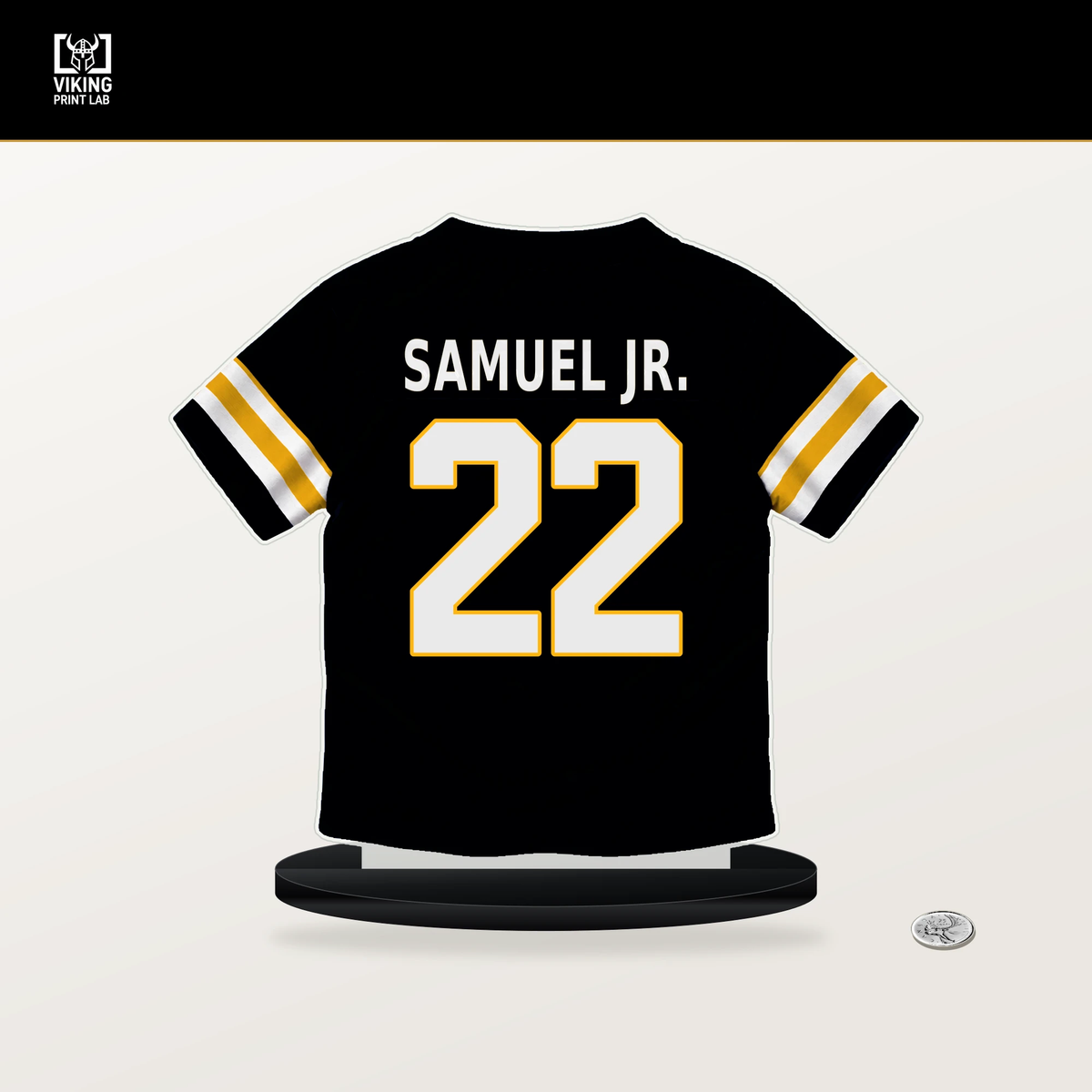 Asante Samuel Jr. number 22 Pittsburgh Steelers jersey stand with included black base.