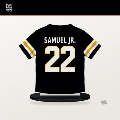 Asante Samuel Jr. number 22 Pittsburgh Steelers jersey stand with included black base.