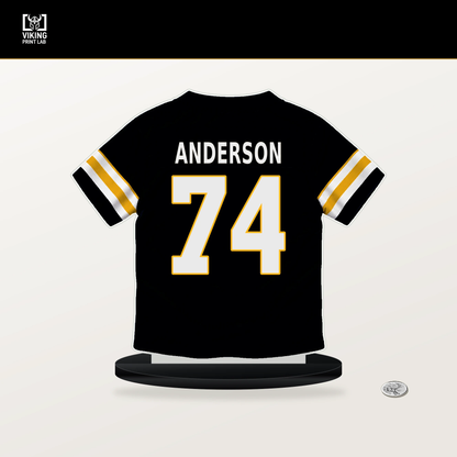 Spencer Anderson number 74 Pittsburgh Steelers jersey stand with included black base.