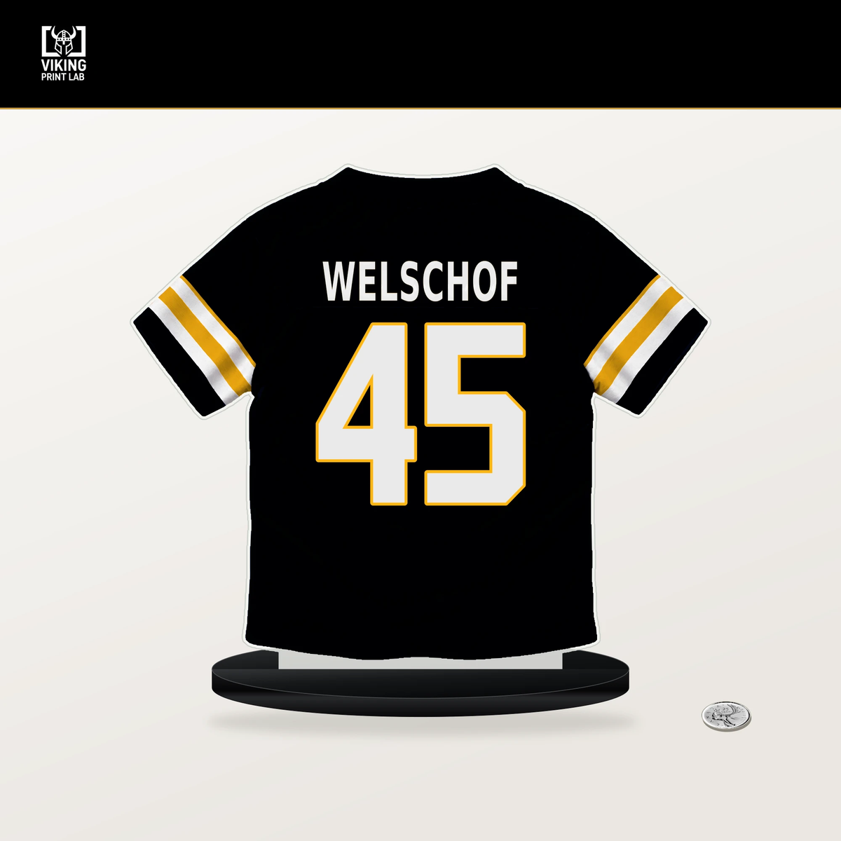 Julius Welschof number 45 Pittsburgh Steelers jersey stand with included black base.