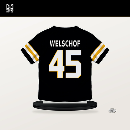 Julius Welschof number 45 Pittsburgh Steelers jersey stand with included black base.