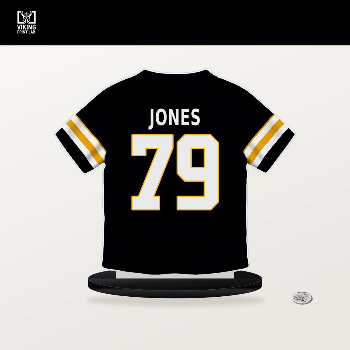 Steven Jones number 79 Pittsburgh Steelers jersey stand with included black base.