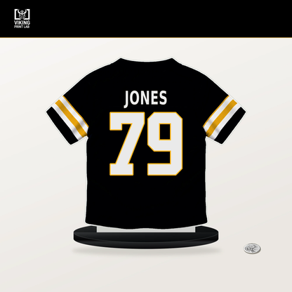 Steven Jones number 79 Pittsburgh Steelers jersey stand with included black base.