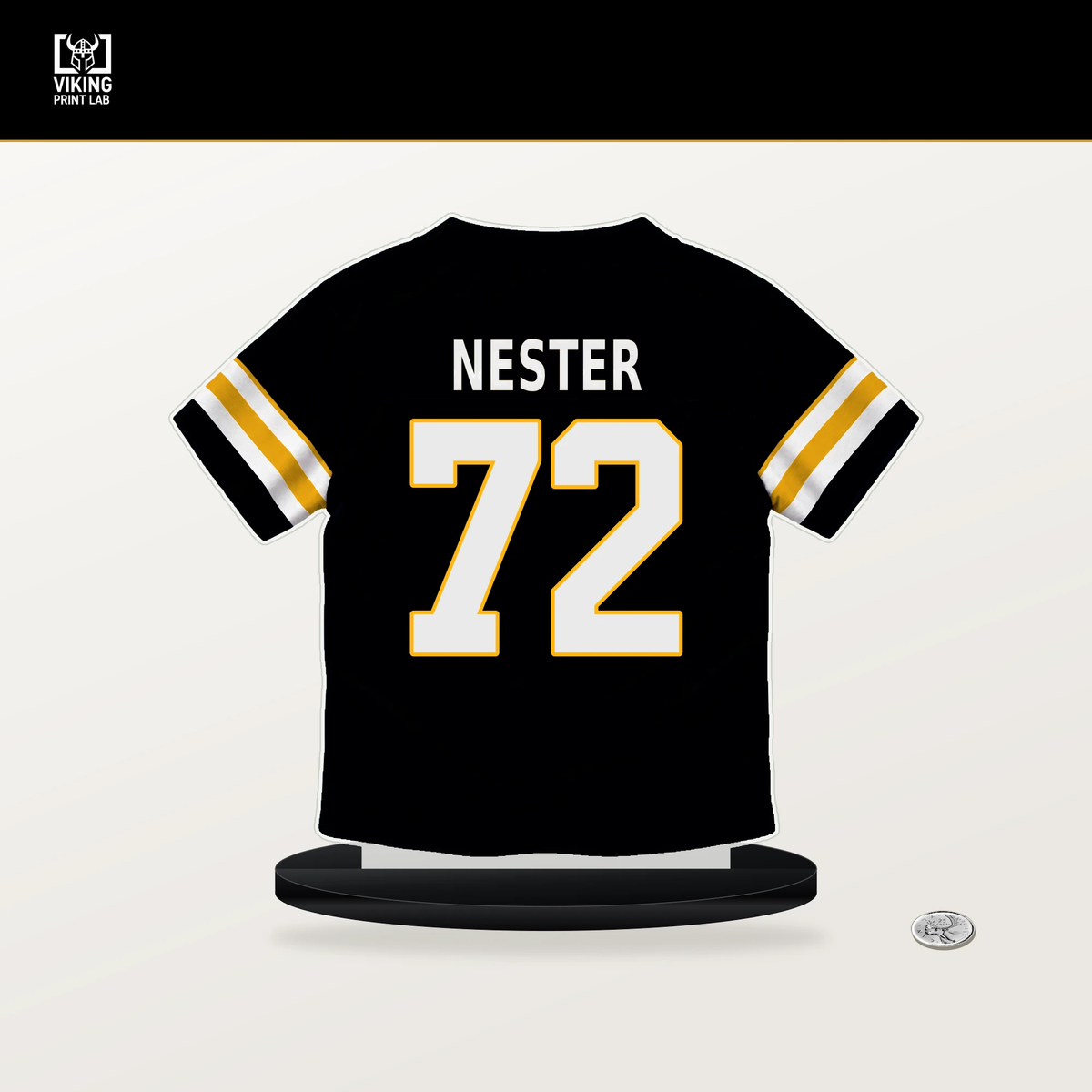 Doug Nester number 72 Pittsburgh Steelers jersey stand with included black base.