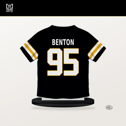 Keeanu Benton number 95 Pittsburgh Steelers jersey stand with included black base.