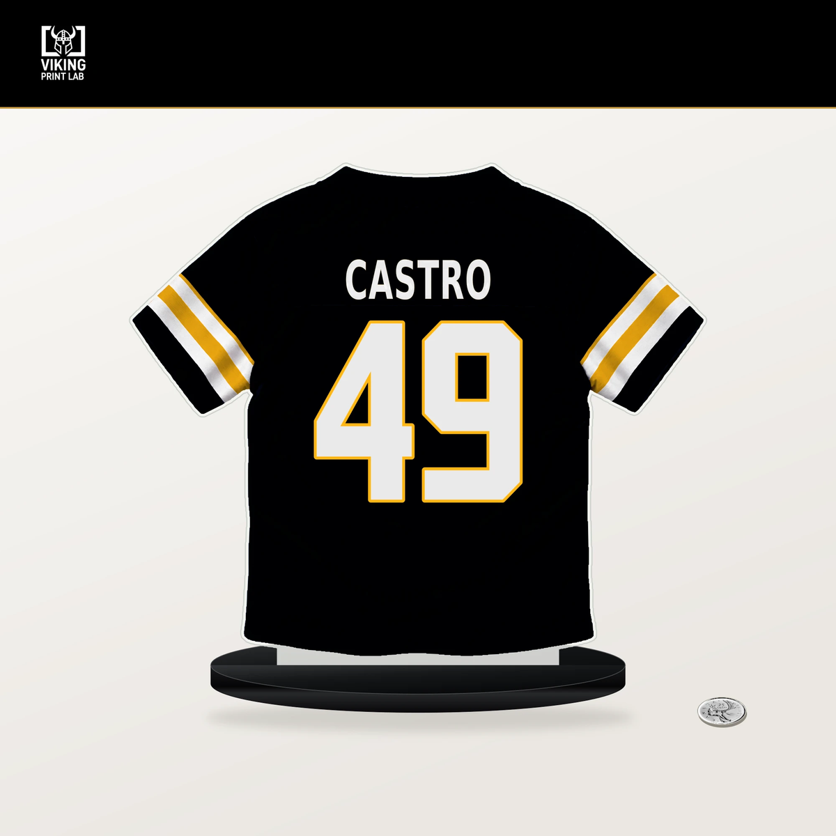 Sebastian Castro number 49 Pittsburgh Steelers jersey stand with included black base.