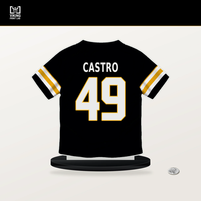 Sebastian Castro number 49 Pittsburgh Steelers jersey stand with included black base.