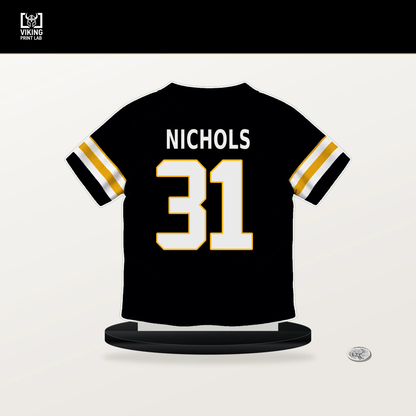 Lew Nichols number 31 Pittsburgh Steelers jersey stand with included black base.