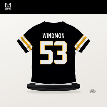 Jacoby Windmon number 53 Pittsburgh Steelers jersey stand with included black base.