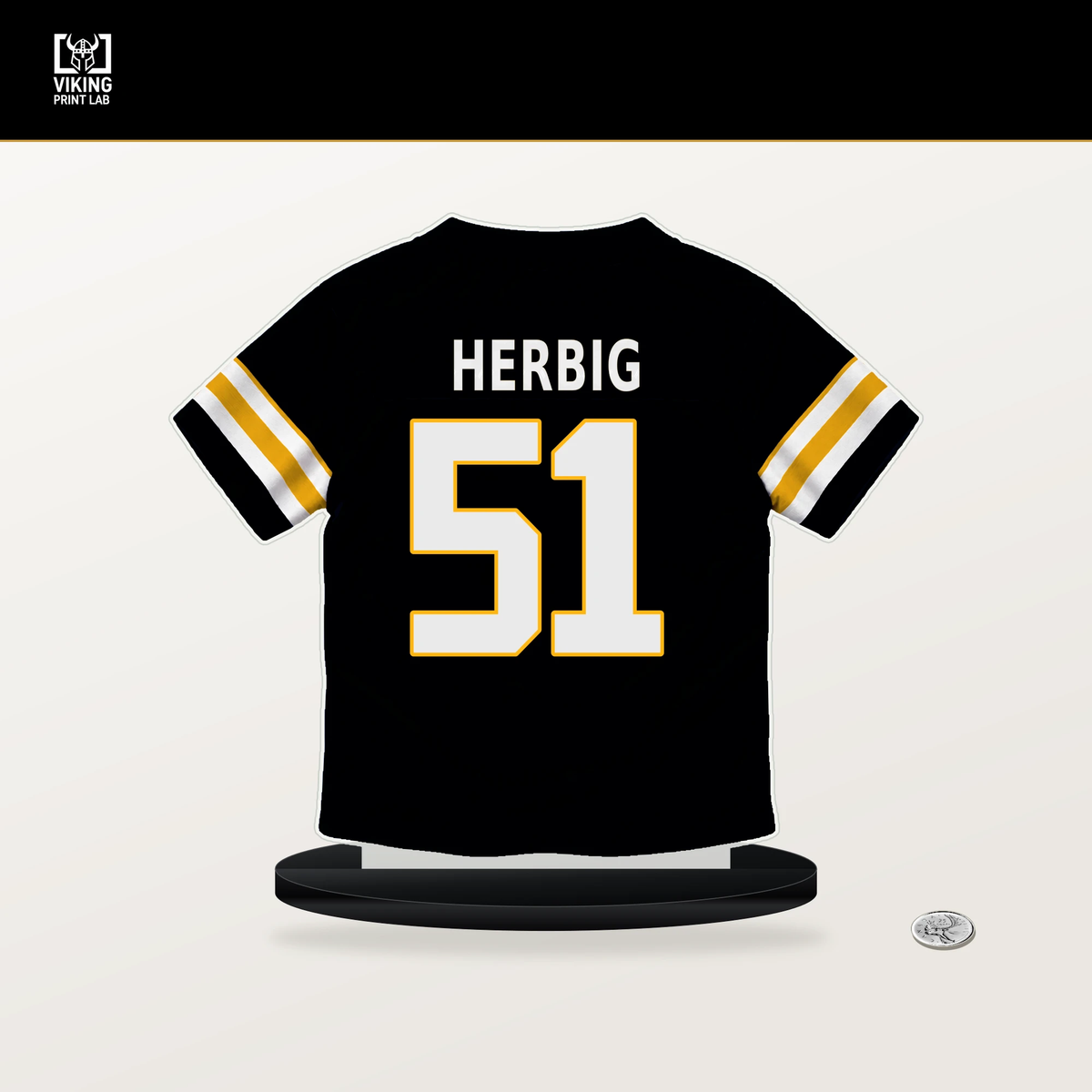 Nick Herbig number 51 Pittsburgh Steelers jersey stand with included black base.