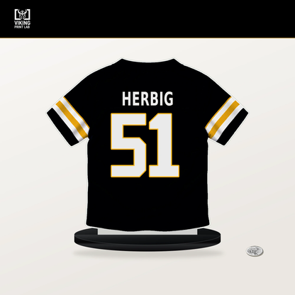 Nick Herbig number 51 Pittsburgh Steelers jersey stand with included black base.