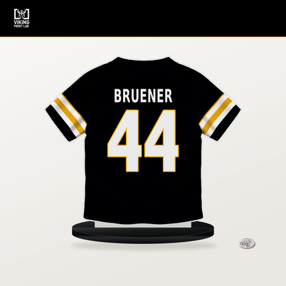 Carson Bruener number 44 Pittsburgh Steelers jersey stand with included black base.