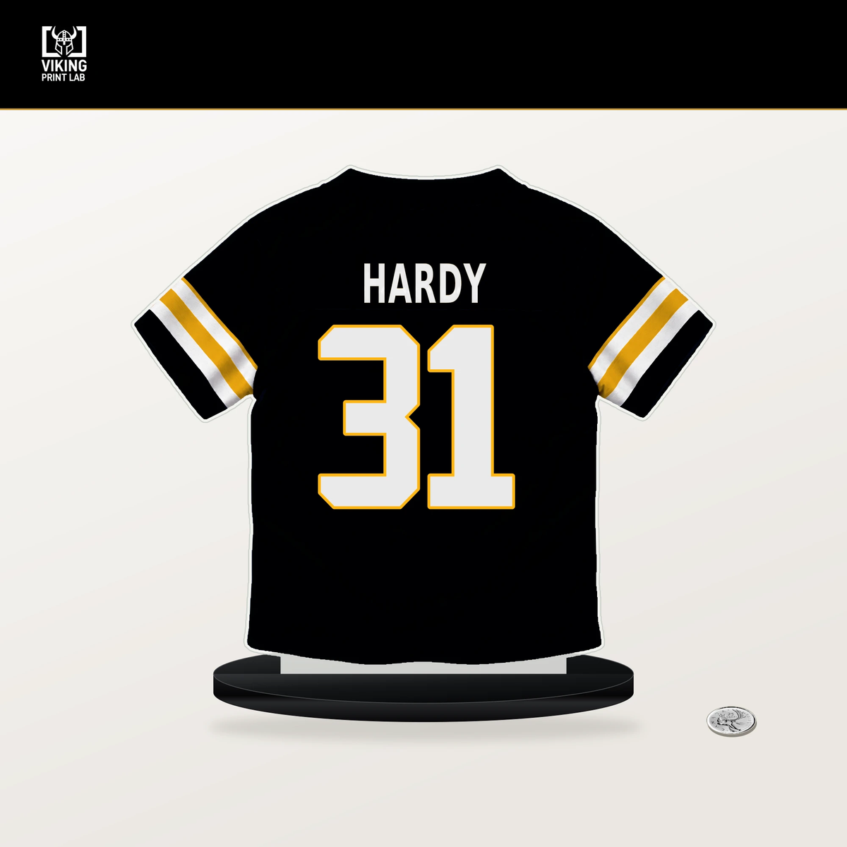 Daequan Hardy number 31 Pittsburgh Steelers jersey stand with included black base.