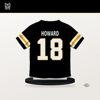 Will Howard number 18 Pittsburgh Steelers jersey stand with included black base.