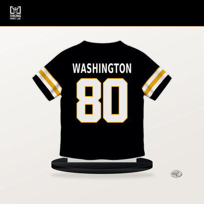 Darnell Washington number 80 Pittsburgh Steelers jersey stand with included black base.