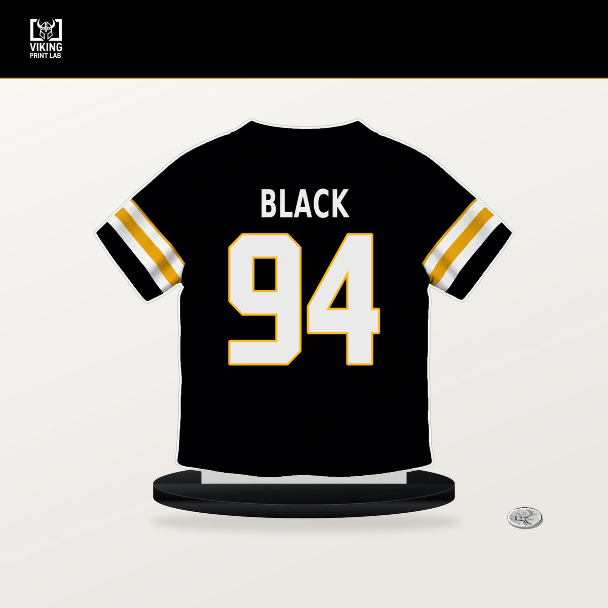 Yahya Black number 94 Pittsburgh Steelers jersey stand with included black base.