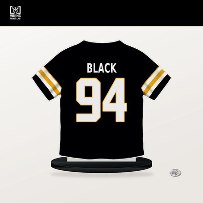 Yahya Black number 94 Pittsburgh Steelers jersey stand with included black base.