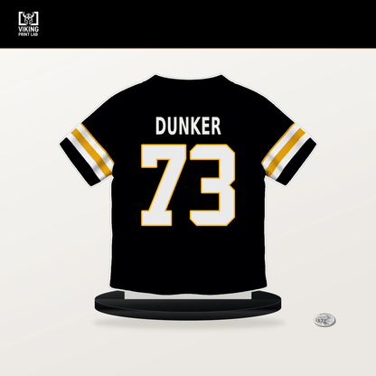Gennings Dunker number 73 Pittsburgh Steelers jersey stand with included black base.