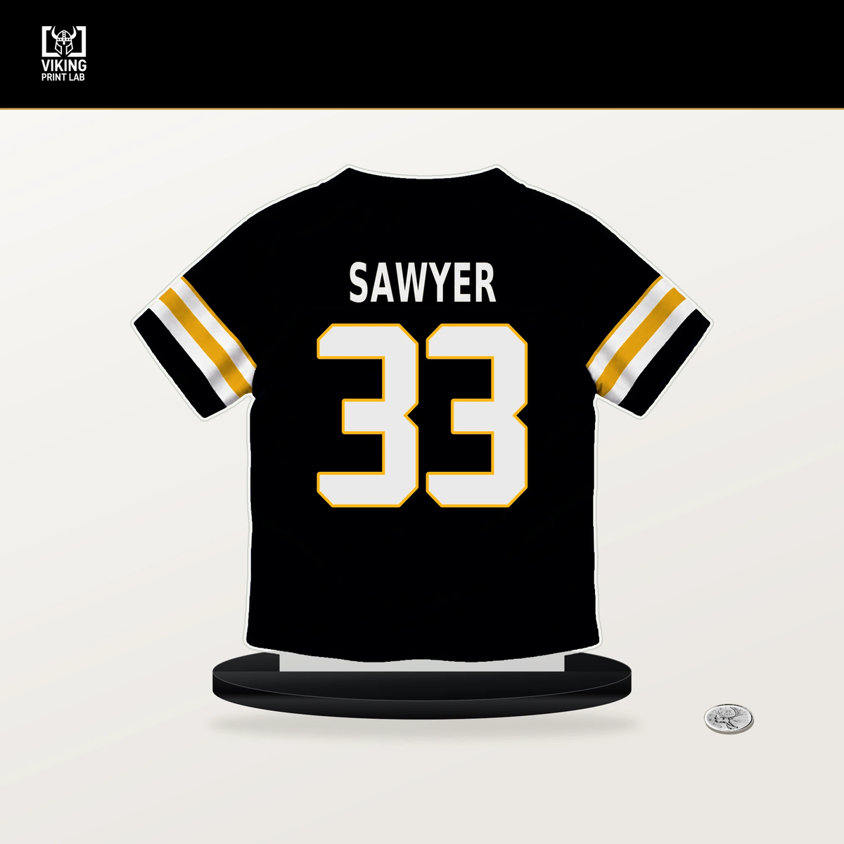 Jack Sawyer number 33 Pittsburgh Steelers jersey stand with included black base.