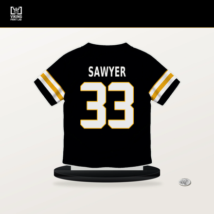 Jack Sawyer number 33 Pittsburgh Steelers jersey stand with included black base.