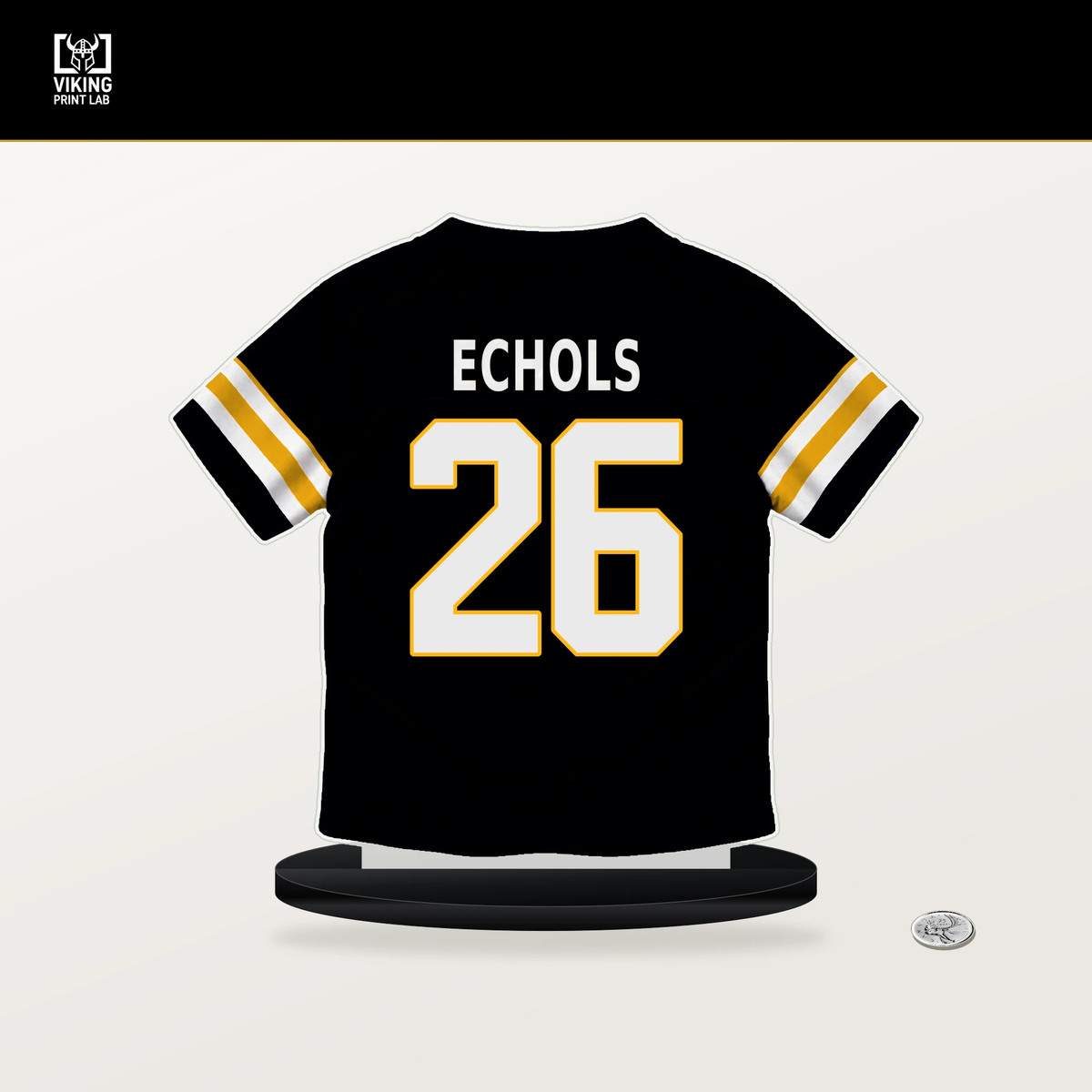 Brandin Echols number 26 Pittsburgh Steelers jersey stand with included black base.