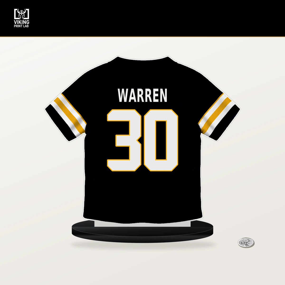Jaylen Warren number 30 Pittsburgh Steelers jersey stand with included black base.