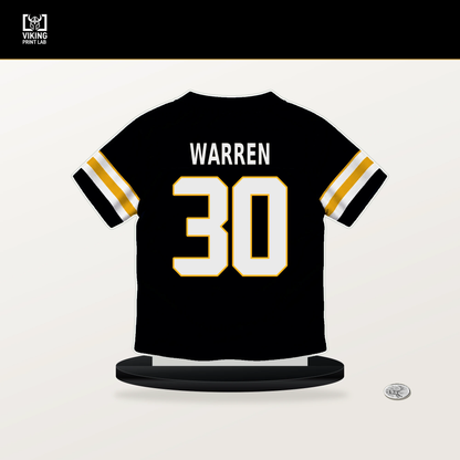 Jaylen Warren number 30 Pittsburgh Steelers jersey stand with included black base.