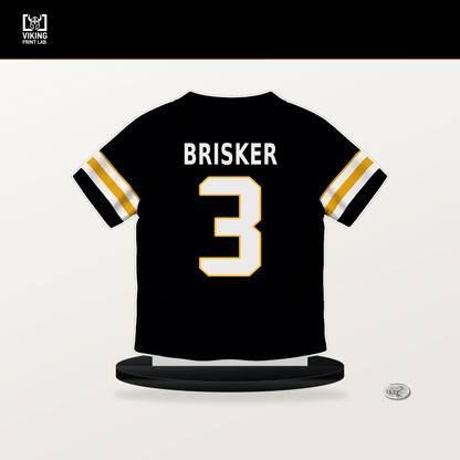 Jaquan Brisker number 3 Pittsburgh Steelers jersey stand with included black base.