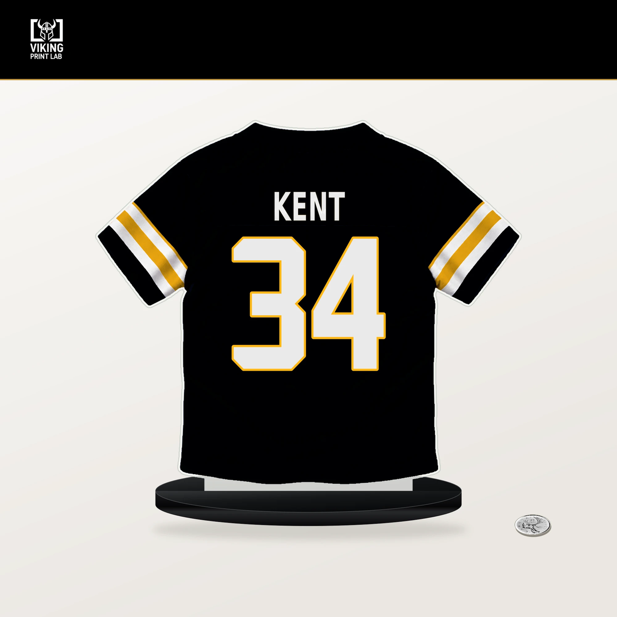 Donte Kent number 34 Pittsburgh Steelers jersey stand with included black base.