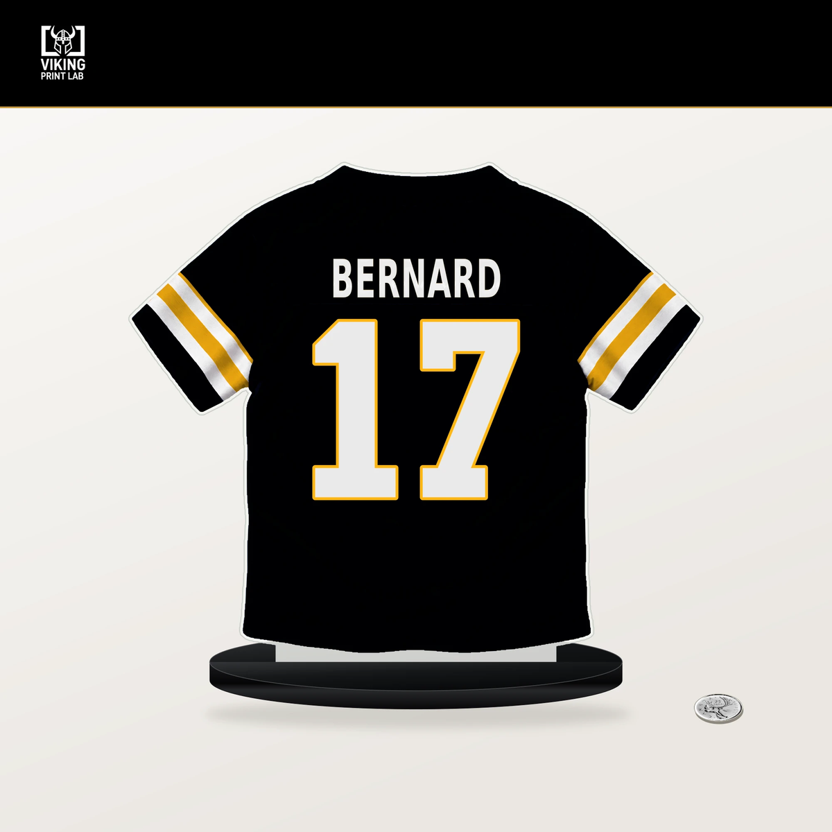 Germie Bernard number 17 Pittsburgh Steelers jersey stand with included black base.