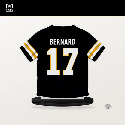 Germie Bernard number 17 Pittsburgh Steelers jersey stand with included black base.