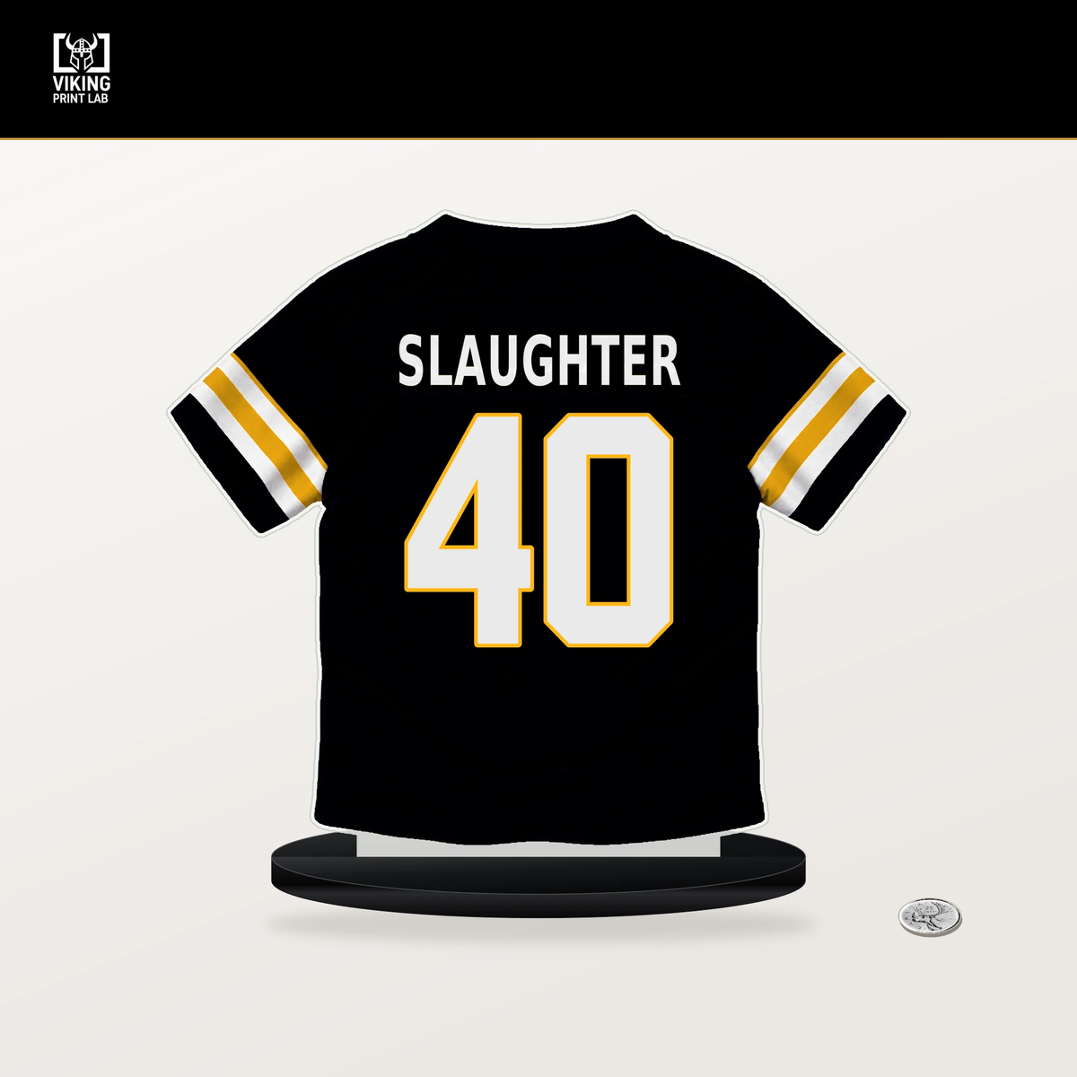 Doneiko Slaughter number 40 Pittsburgh Steelers jersey stand with included black base.