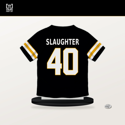 Doneiko Slaughter number 40 Pittsburgh Steelers jersey stand with included black base.