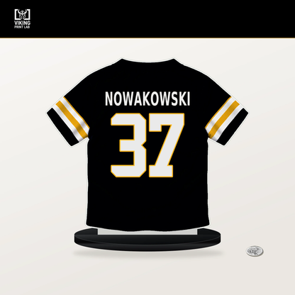 Riley Nowakowski number 37 Pittsburgh Steelers jersey stand with included black base.