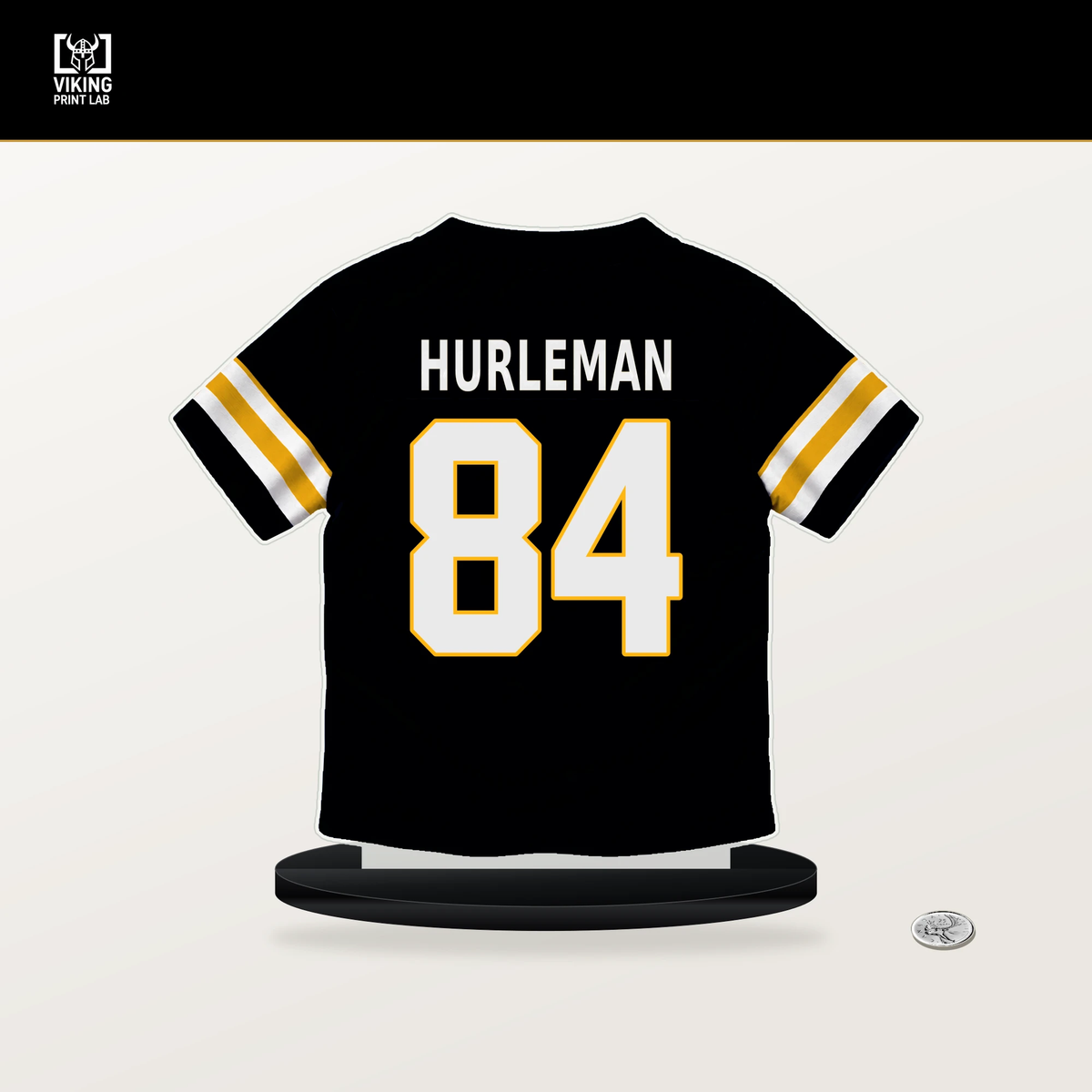 Max Hurleman number 84 Pittsburgh Steelers jersey stand with included black base.