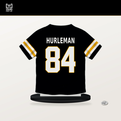 Max Hurleman number 84 Pittsburgh Steelers jersey stand with included black base.