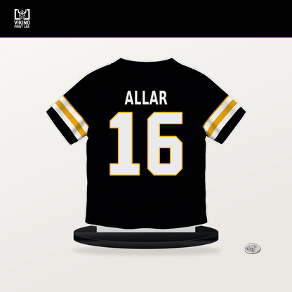 Drew Allar number 16 Pittsburgh Steelers jersey stand with included black base.