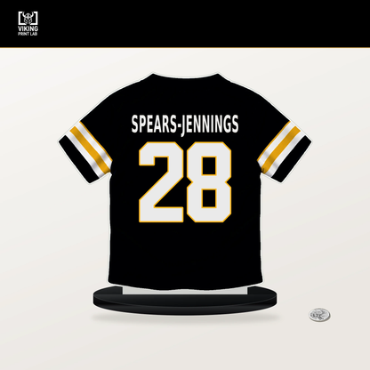 Robert Spears-Jennings number 28 Pittsburgh Steelers jersey stand with included black base.