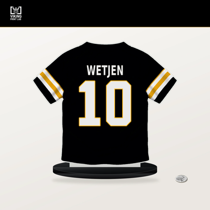 Kaden Wetjen number 10 Pittsburgh Steelers jersey stand with included black base.